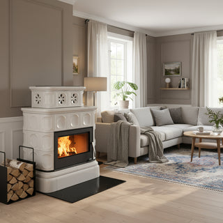 kakelugn i ett vardagsrum med vedkrog på sidan