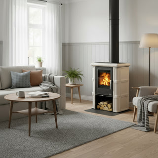 Braskamin med vit kakel - Sicilia