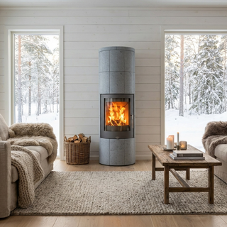 Täljstenskamin porto XL i ett mysigt rum med snöigt landskap utanför fönstren.