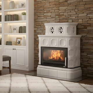 Installerad kakelugn i ett vardagsrum.